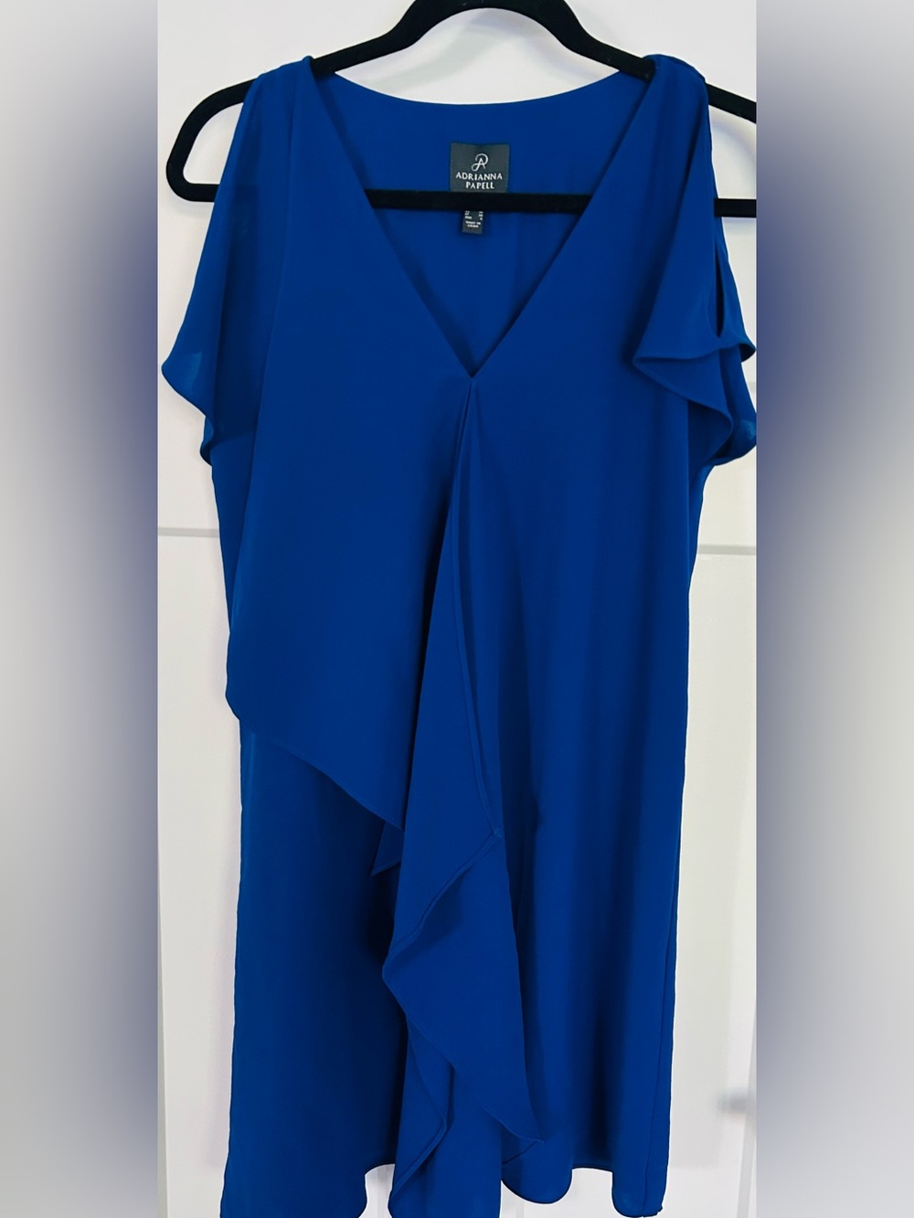Adrianna Papell Cobalt Blue Dress with V-Neck Ruffle Asymmetric Drape Sz 2